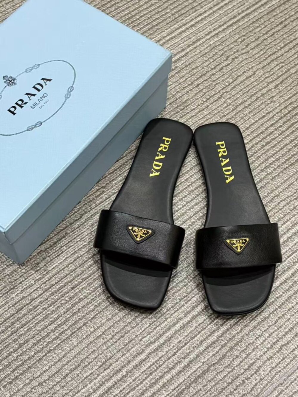 Prada Black Leather Slide Sandals Gold Triangle Logo Flat Slip On Designer Mules